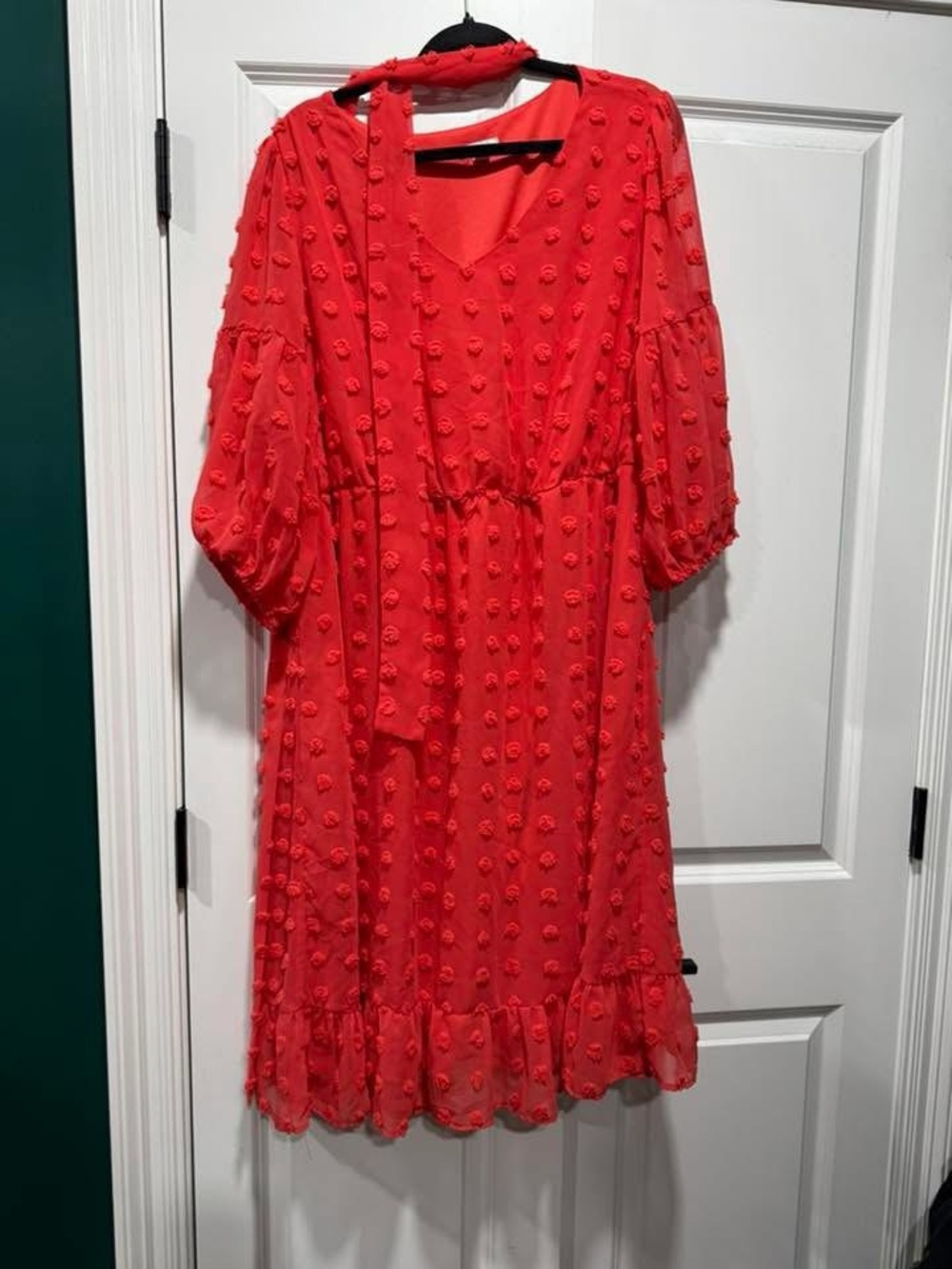 Cato Coral Red Textured Midi Dress with Neck Tie